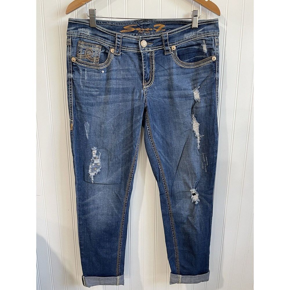 Seven 7 Skinny Jeans Womens 10 Blue Medium Wash Distressed‎ Rhinestones Stretchy